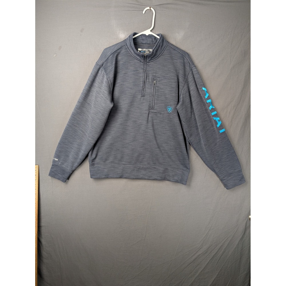 Ariat Mens Tek Quarter Zip Pullover Gray Blue‎ Logo Fleece Lined Sweatshirt M